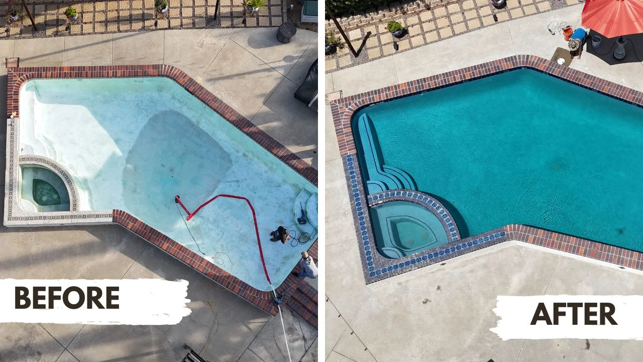 Before and after aerial comparison of a rectangular pool and spa remodel in Escondido, CA